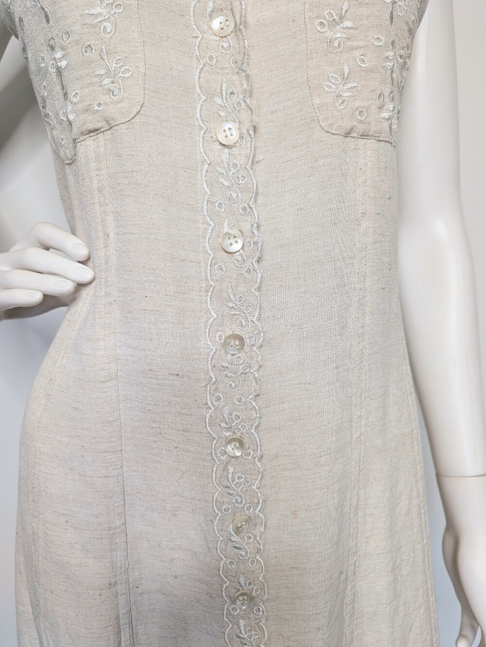 Vintage 90s Cream Color Linen Blend Button Front Sleeveless Collared Midi Dress - Picture 10 of 14